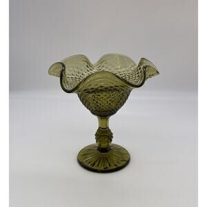 Vintage Jeanette Glass Diamond Point Scalloped Compote Green